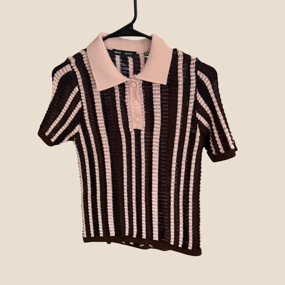 Mango MNG Brown Pink Striped Knit Polo Sweater Short Sleeve Womens Small